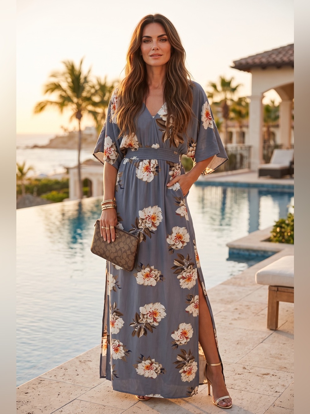 Umgee Gray Floral V-Neck Maxi